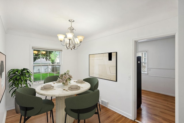 5341 Knox Ave S, Minneapolis, MN 55419 - dining room featuring a chandelier, wood finished floors, baseboards, and wainscoting