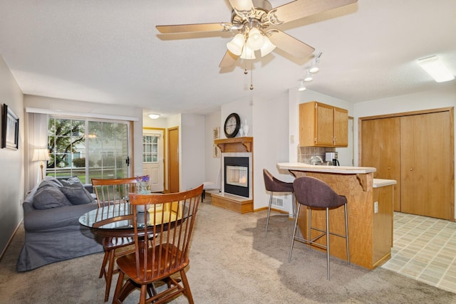 13210 Meadowood Trl NW Unit 63Nw, Coon Rapids, MN 55448 - dining area featuring rail lighting, a glass covered fireplace, ceiling fan, light carpet, and a textured ceiling