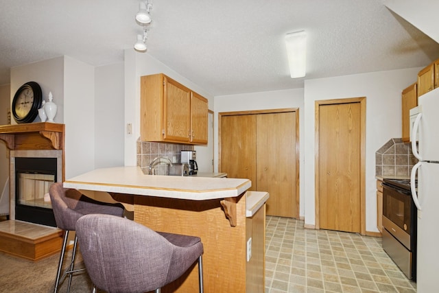 13210 Meadowood Trl NW Unit 63Nw, Coon Rapids, MN 55448 - kitchen with electric range, a breakfast bar area, a peninsula, tasteful backsplash, and a fireplace