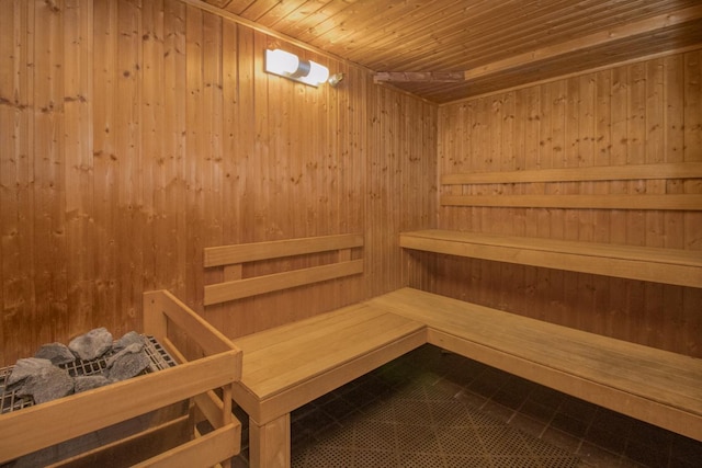 26 10th St W Unit 1701, Saint Paul, MN 55102 - sauna / steam room with wood walls, wooden ceiling, and tile patterned floors