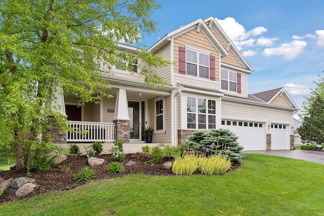 11200 Walnut Ln, Woodbury, MN 55129 - craftsman house with covered porch, a front lawn, driveway, and stone siding