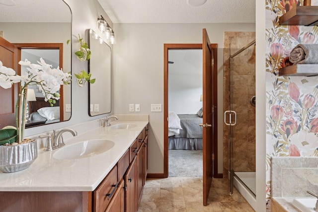 11200 Walnut Ln, Woodbury, MN 55129 - bathroom featuring ensuite bath, double vanity, a shower stall, a textured ceiling, and baseboards