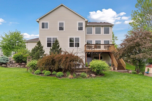 11200 Walnut Ln, Woodbury, MN 55129 - back of house with stairway, a wooden deck, and a yard