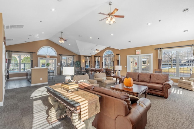 24064 Rivers Edge Rd, Rogers, MN 55374 - living area featuring carpet flooring, a ceiling fan, recessed lighting, baseboards, and high vaulted ceiling