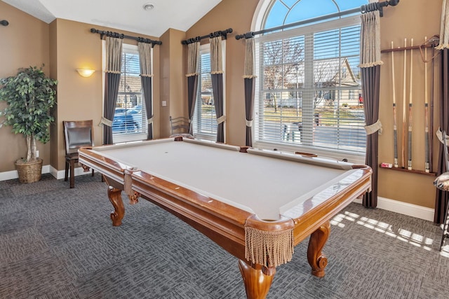 24064 Rivers Edge Rd, Rogers, MN 55374 - game room with carpet flooring, baseboards, billiards table, and lofted ceiling