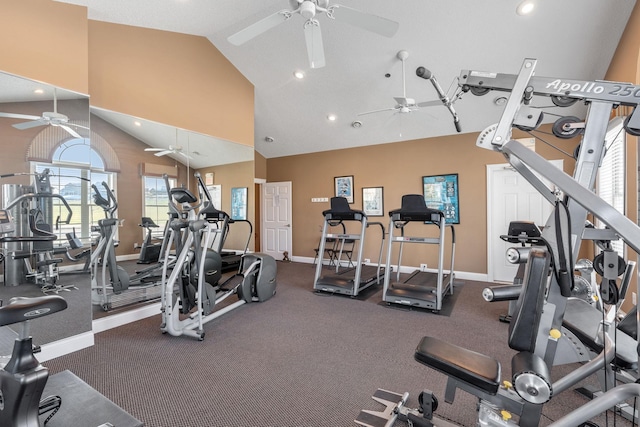 24064 Rivers Edge Rd, Rogers, MN 55374 - workout area featuring ceiling fan, high vaulted ceiling, baseboards, and recessed lighting