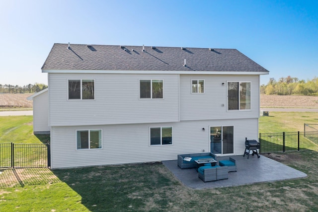 1120 7th Ave NE, Isanti, MN 55040 - rear view of house featuring outdoor lounge area, a patio, a fenced backyard, and roof with shingles