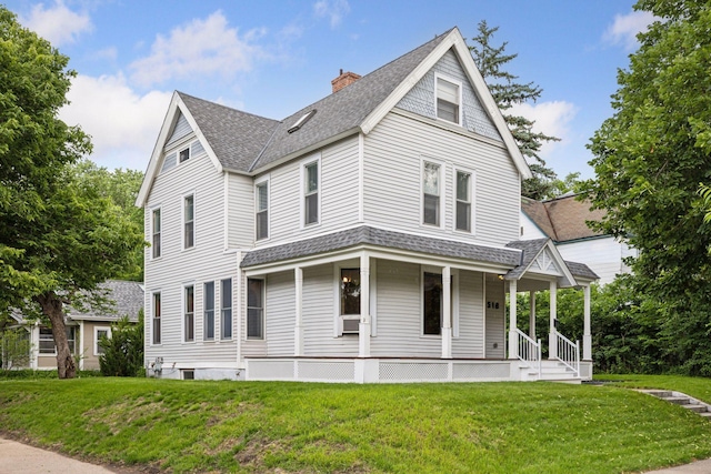 518 32nd St, Minneapolis, MN 55408 - view of front facade featuring roof with shingles, a chimney, a front lawn, and a porch