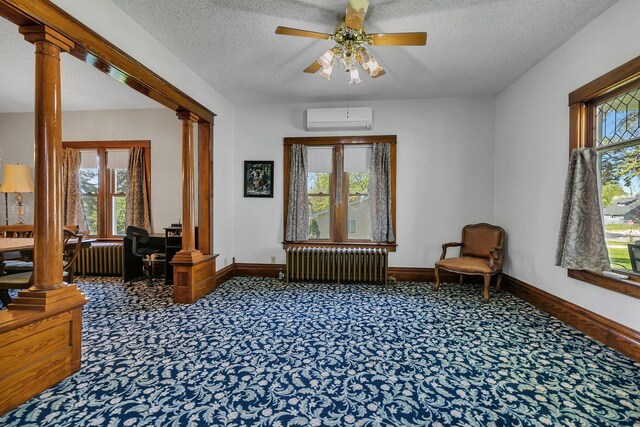 sitting room with radiator heating unit, a wall mounted AC, ornate columns, carpet floors, and a textured ceiling