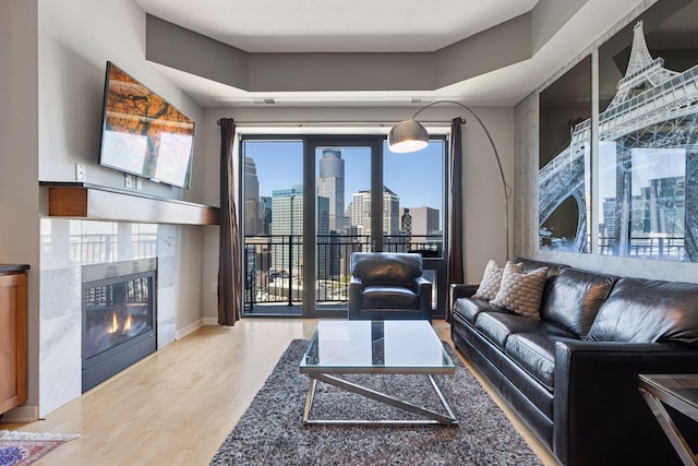 500 Grant St Unit 2509, Minneapolis, MN 55404 - living area with a tiled fireplace, wood finished floors, and baseboards