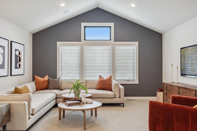 10382 Peony Ln N, Maple Grove, MN 55311 - living room featuring vaulted ceiling, light carpet, and recessed lighting