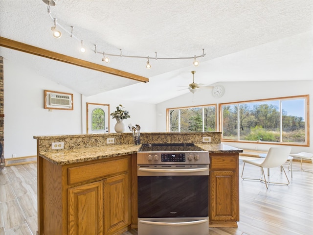 kitchen with stainless steel electric range, lofted ceiling, light wood-style flooring, healthy amount of natural light, and light stone counters