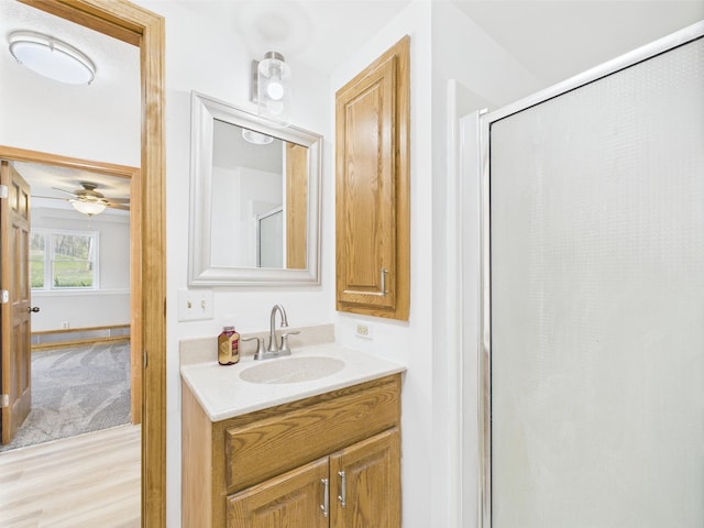 30145 Fir Trl, Stacy, MN 55079 - full bath featuring vanity, a shower with shower door, wood finished floors, and a ceiling fan