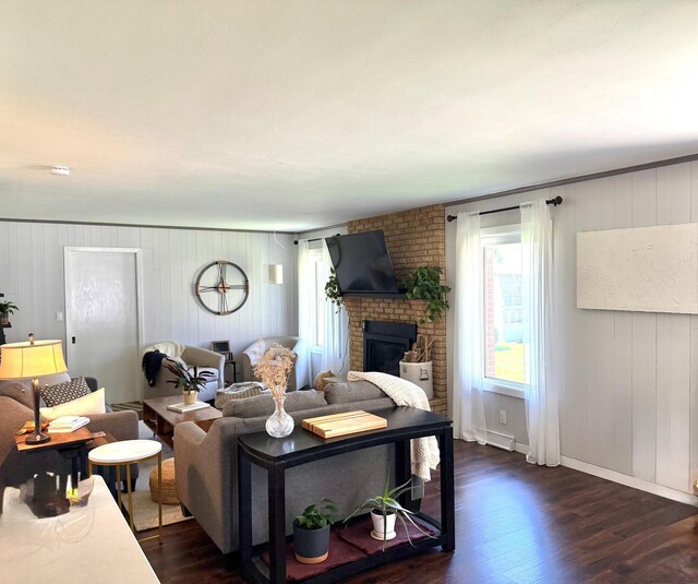 living room with plenty of natural light, dark wood finished floors, a fireplace, wood walls, and baseboards