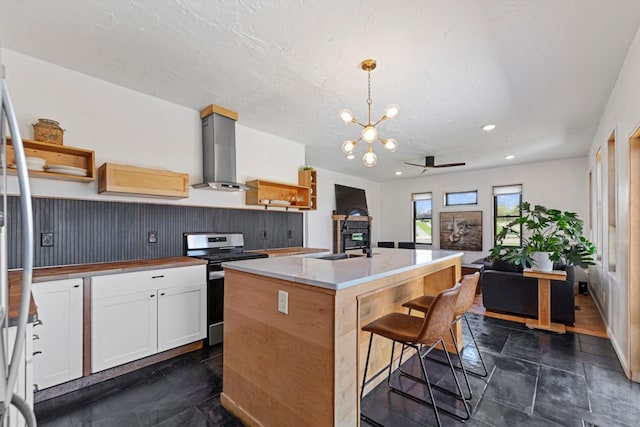20355 Cedar Lake Trl, Shieldsville Twp, MN 55052 - kitchen featuring appliances with stainless steel finishes, wall chimney range hood, open shelves, a sink, and recessed lighting