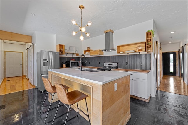 20355 Cedar Lake Trl, Shieldsville Twp, MN 55052 - kitchen with open shelves, appliances with stainless steel finishes, ventilation hood, a sink, and a center island with sink