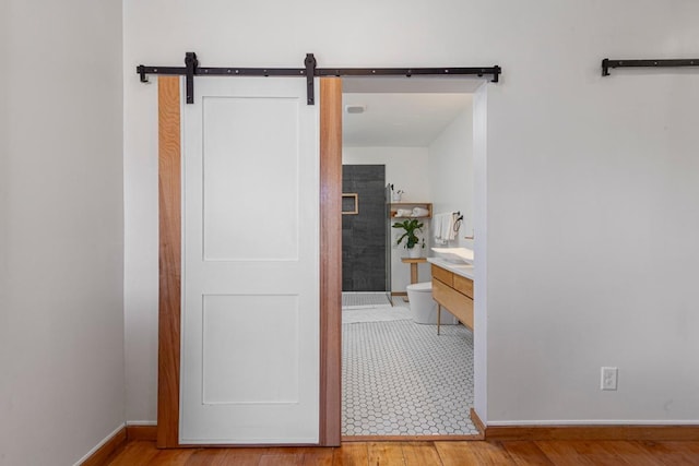 20355 Cedar Lake Trl, Shieldsville Twp, MN 55052 - hallway featuring a barn door and wood finished floors