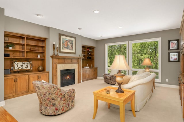 6209 Heather Pl NE, Fridley, MN 55432 - living area featuring a fireplace, baseboards, recessed lighting, and light colored carpet