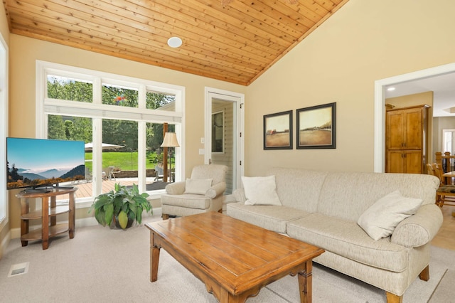 6209 Heather Pl NE, Fridley, MN 55432 - carpeted living area featuring wooden ceiling, baseboards, and high vaulted ceiling