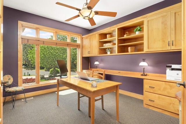 6209 Heather Pl NE, Fridley, MN 55432 - home office featuring carpet flooring, built in study area, ceiling fan, and baseboards