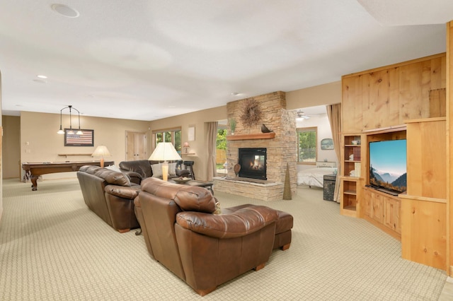 6209 Heather Pl NE, Fridley, MN 55432 - carpeted living area with pool table and a fireplace