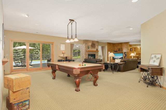 6209 Heather Pl NE, Fridley, MN 55432 - rec room featuring carpet flooring, billiards, a fireplace, and recessed lighting