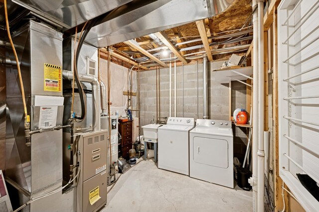 8260 Parkington Ave NE, Otsego, MN 55330 - unfinished basement featuring washer and dryer, heating unit, a sink, and gas water heater