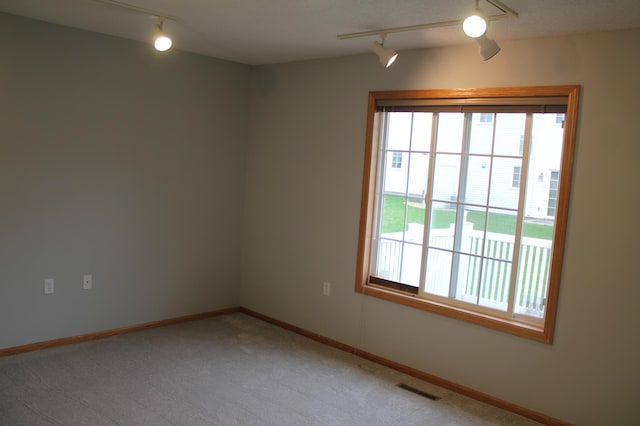 carpeted empty room featuring track lighting, healthy amount of natural light, and baseboards