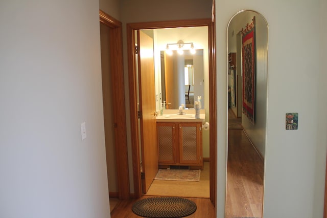 hall featuring a sink and wood finished floors