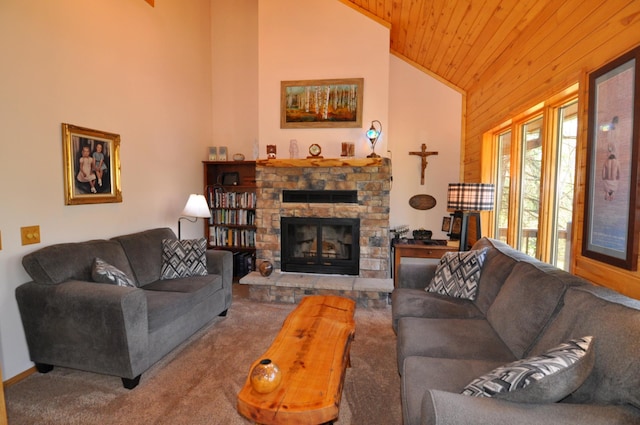 living area with a fireplace, carpet floors, wooden ceiling, high vaulted ceiling, and wooden walls