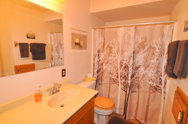 full bathroom with toilet, vanity, and curtained shower