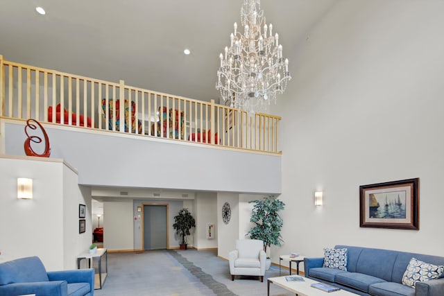 1215 Lakeshore Dr Unit 207, Lake City, MN 55041 - living area with a towering ceiling, baseboards, a chandelier, and carpet flooring