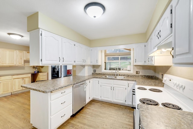 W12798 State Road 35, Prescott, WI 54021 - kitchen featuring white range with electric cooktop, a sink, dishwasher, under cabinet range hood, and a peninsula