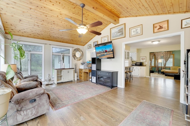 W12798 State Road 35, Prescott, WI 54021 - living area featuring beam ceiling, wooden ceiling, ceiling fan, light wood finished floors, and high vaulted ceiling