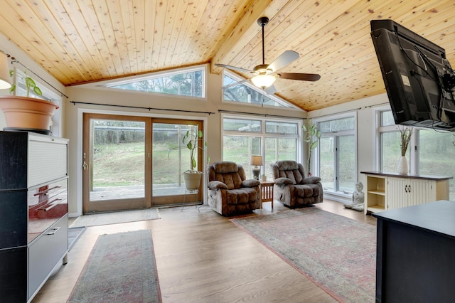 W12798 State Road 35, Prescott, WI 54021 - living area featuring wood finished floors, wooden ceiling, and ceiling fan