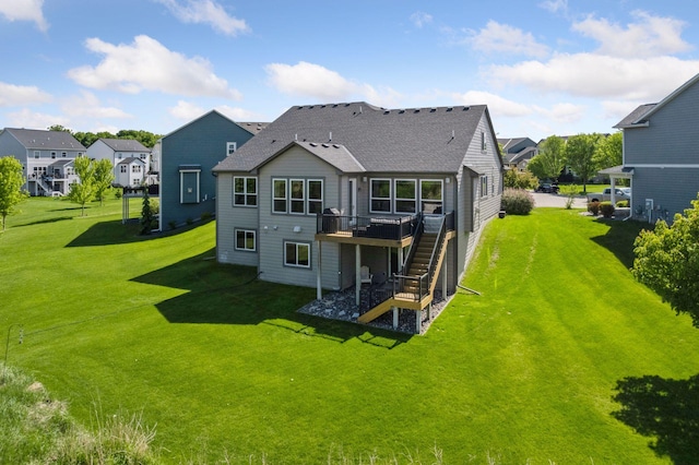 3742 Crane Island Ct, Minnetrista, MN 55331 - rear view of house with a wooden deck, a yard, a residential view, stairway, and a shingled roof