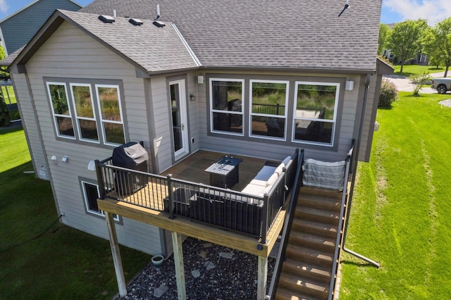 3742 Crane Island Ct, Minnetrista, MN 55331 - rear view of house featuring a shingled roof, a lawn, and a wooden deck