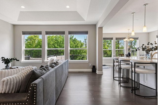 3742 Crane Island Ct, Minnetrista, MN 55331 - living room with dark wood-style floors, baseboards, a raised ceiling, and recessed lighting
