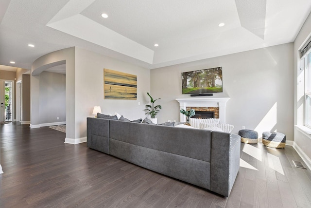 3742 Crane Island Ct, Minnetrista, MN 55331 - living area with a raised ceiling, dark wood-style flooring, a stone fireplace, baseboards, and arched walkways