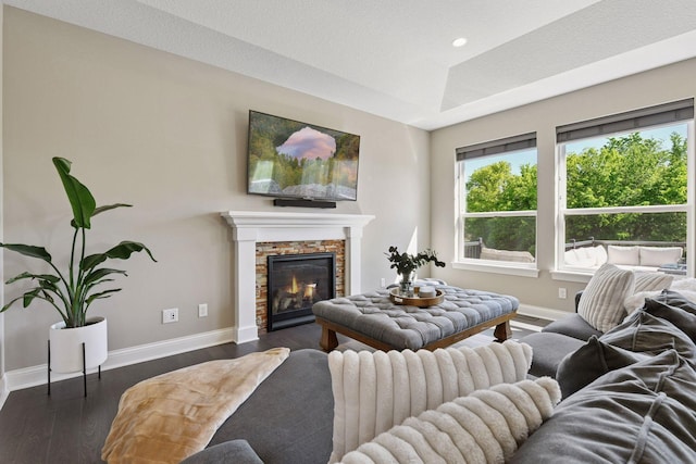 3742 Crane Island Ct, Minnetrista, MN 55331 - living area with baseboards, dark wood finished floors, a fireplace, and recessed lighting