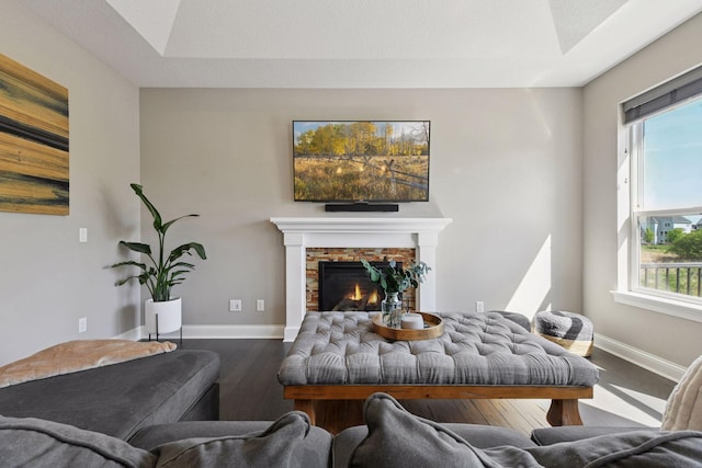 3742 Crane Island Ct, Minnetrista, MN 55331 - living area with wood finished floors, baseboards, and a stone fireplace