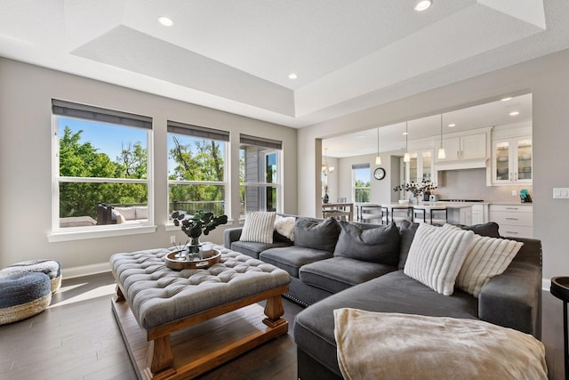 3742 Crane Island Ct, Minnetrista, MN 55331 - living area featuring dark wood-type flooring, baseboards, recessed lighting, and a raised ceiling