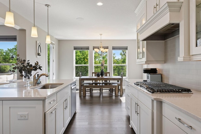 3742 Crane Island Ct, Minnetrista, MN 55331 - kitchen with a sink, appliances with stainless steel finishes, custom range hood, tasteful backsplash, and glass insert cabinets