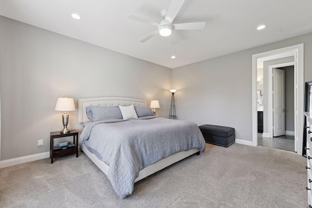 3742 Crane Island Ct, Minnetrista, MN 55331 - bedroom with light colored carpet, baseboards, recessed lighting, and a ceiling fan