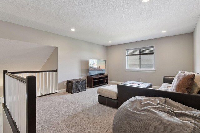 3742 Crane Island Ct, Minnetrista, MN 55331 - carpeted living area with recessed lighting, a textured ceiling, and baseboards