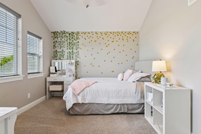 3742 Crane Island Ct, Minnetrista, MN 55331 - carpeted bedroom with vaulted ceiling, baseboards, and ceiling fan