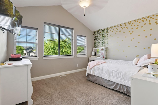 3742 Crane Island Ct, Minnetrista, MN 55331 - bedroom featuring vaulted ceiling, baseboards, carpet, and a ceiling fan