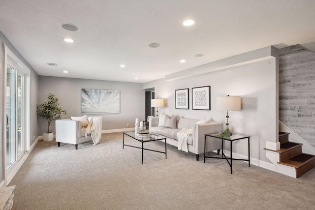 living area with carpet floors, recessed lighting, and baseboards