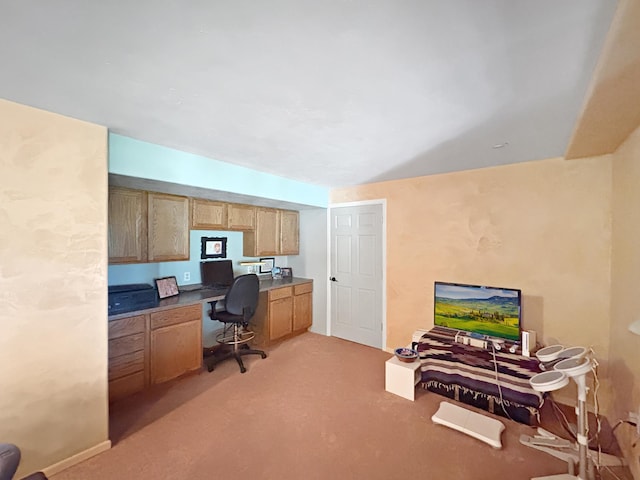 office featuring built in study area and light colored carpet