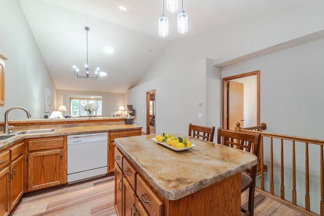 17081 Pheasant Meadow Ln SW, Prior Lake, MN 55372 - kitchen with dishwasher, a sink, light wood-style flooring, brown cabinets, and lofted ceiling